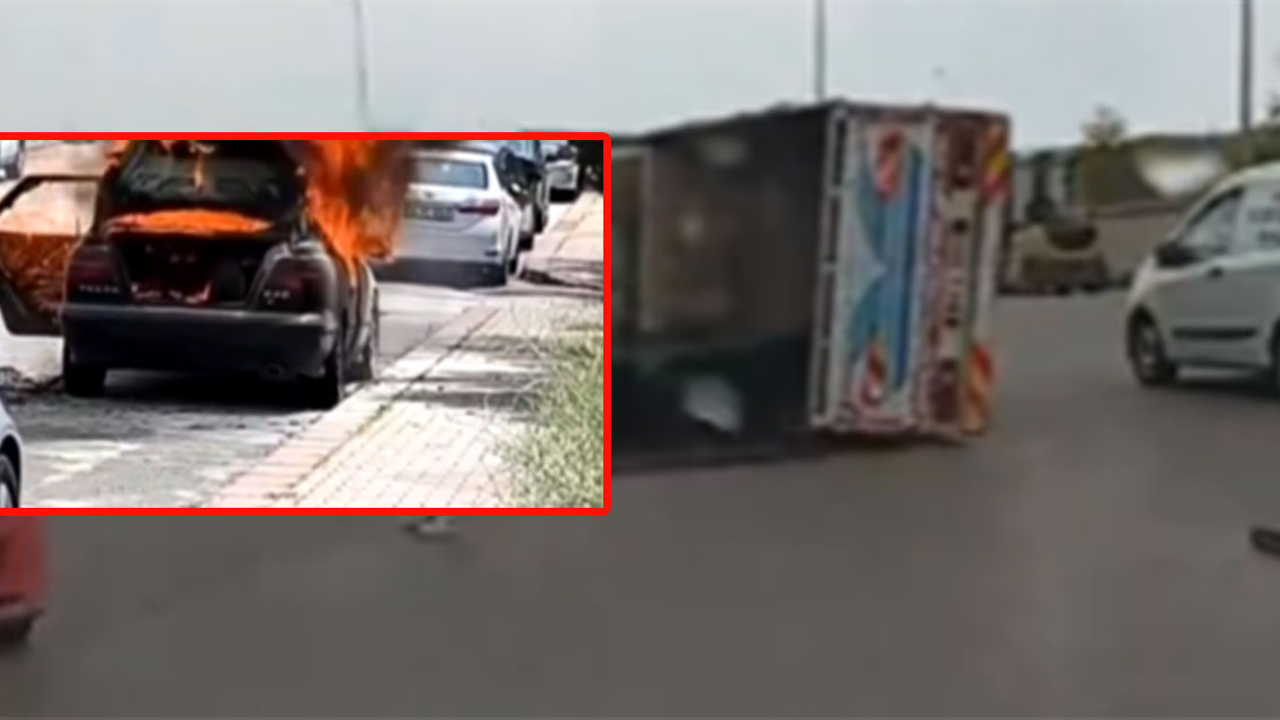 Yenimahalle'de park halindeki araç yandı, kamyon devrildi!